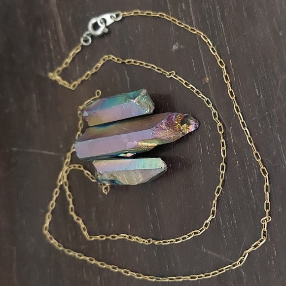 SOLD Raw Rainbow Aurora Quartz Crystal Neckace on 20" Goldtone Chain - Picture 5 of 5